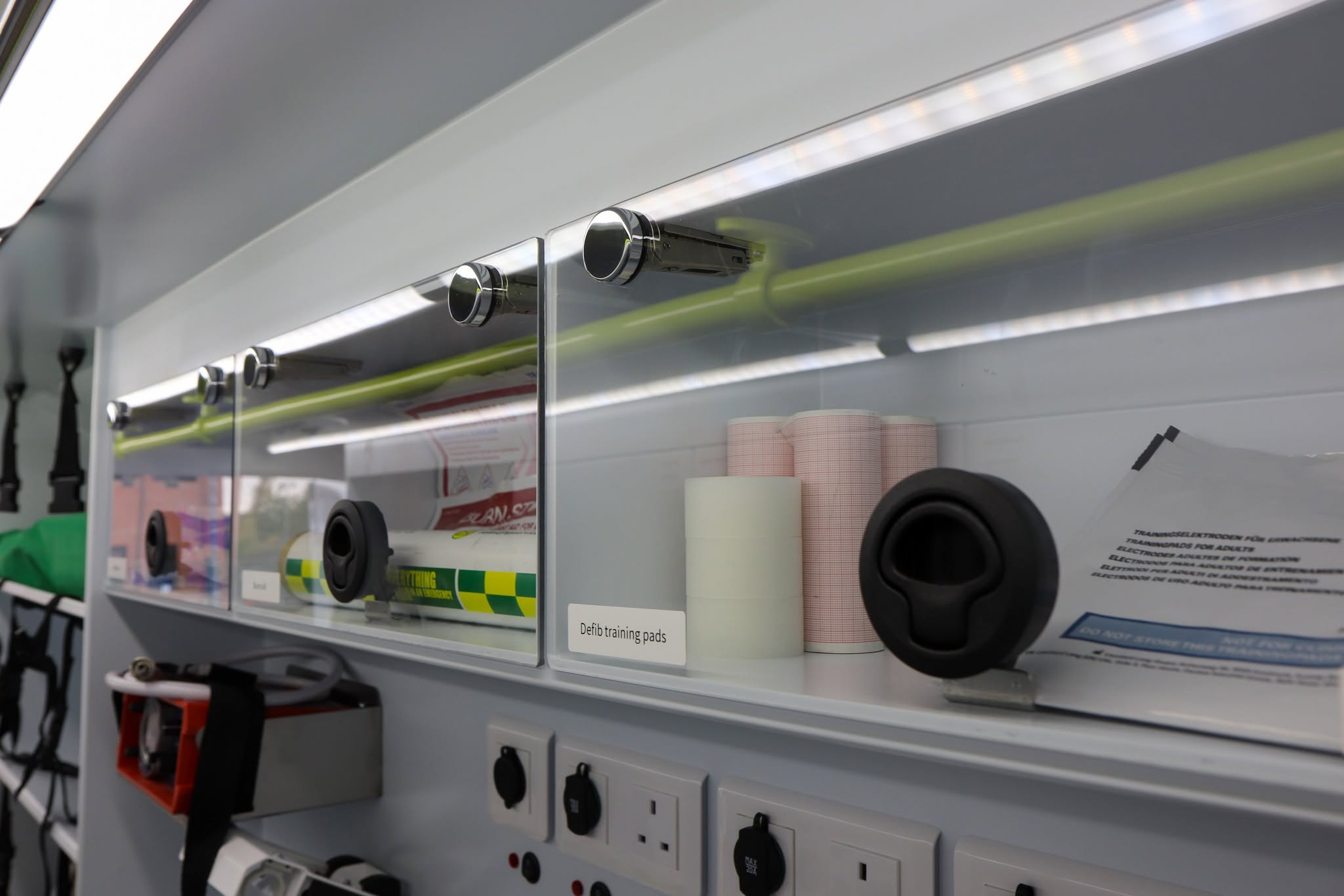 Purpose-built shelving and equipment storage inside a Medipro mobile education unit