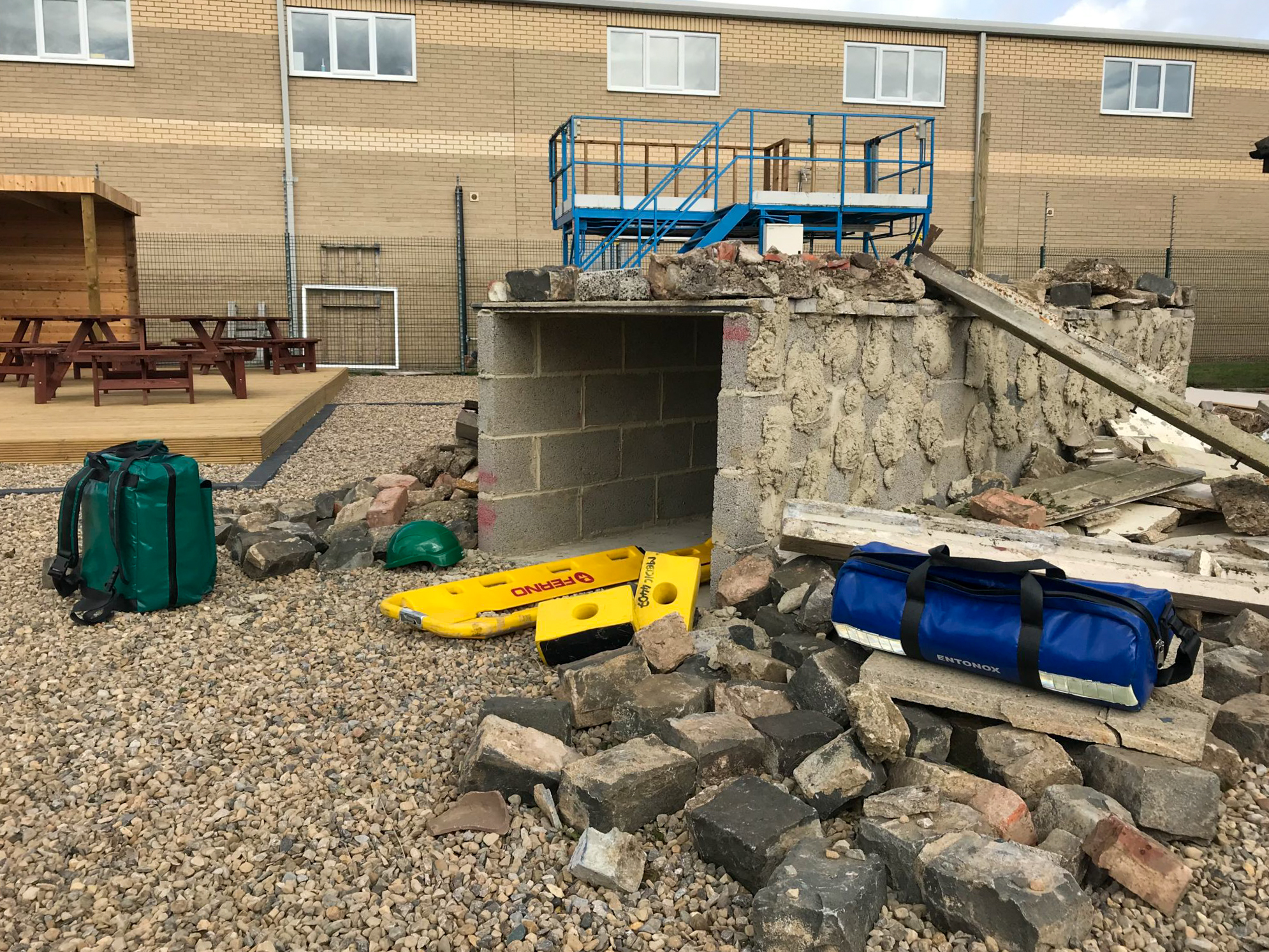 Rubble and collapsed-wall rescue scenario in the outdoor simulation area at Medipro, Stockton-on-Tees